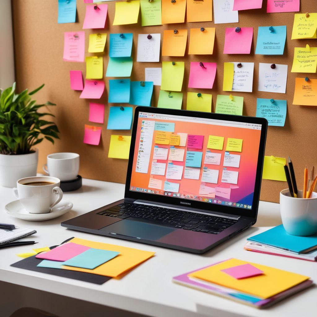 A vibrant and modern digital workspace featuring a stylish laptop with engaging content displayed, surrounded by colorful sticky notes with tips and ideas. A cup of coffee sits beside the laptop, and inspirational quotes are pinned on a corkboard in the background. Use a bright color palette with dynamic lighting to emphasize creativity and professionalism. minimalistic. super-realistic. vibrant colors.