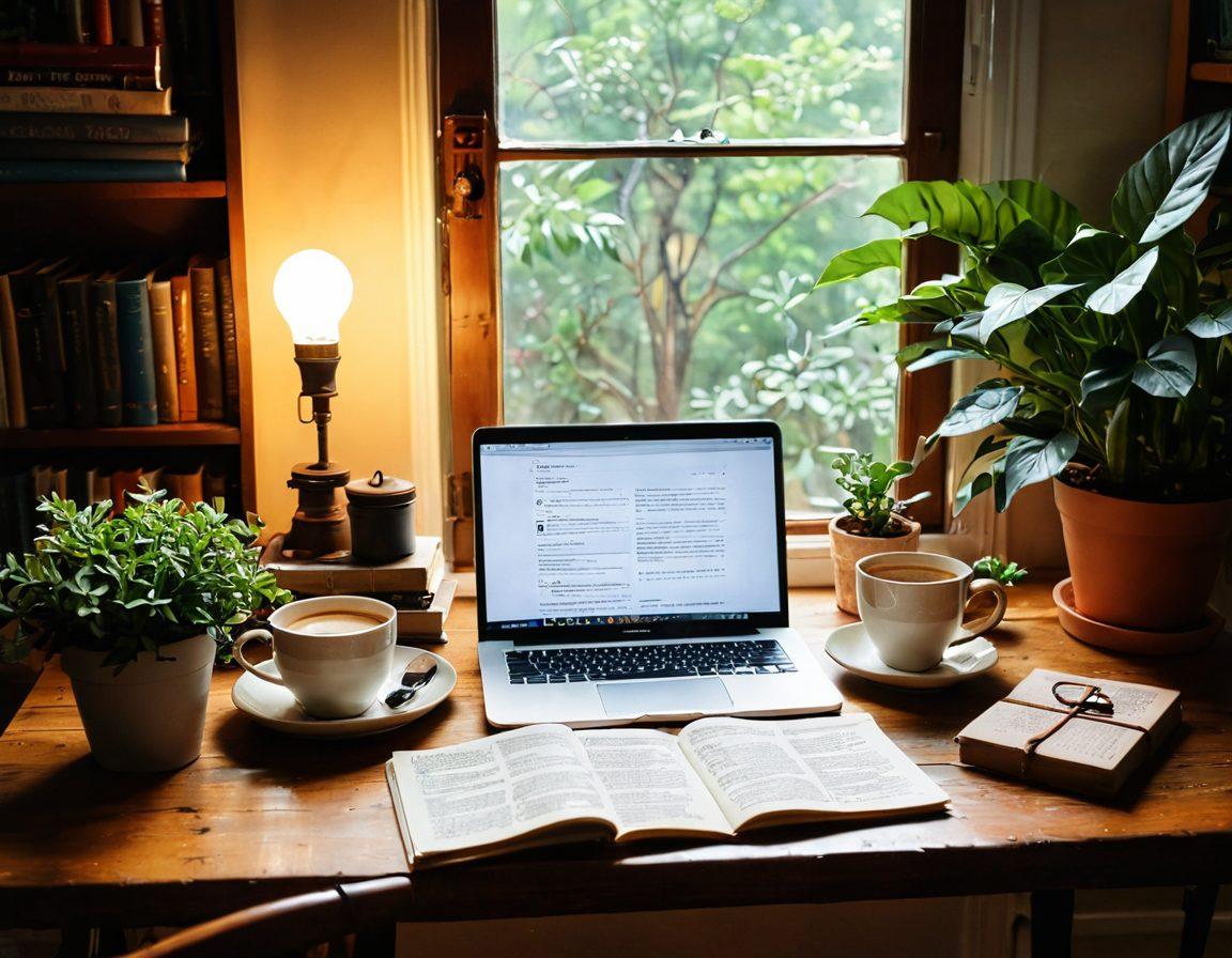 A cozy workspace featuring an open diary filled with handwritten notes, a laptop showcasing a vibrant blog editor interface, and a steaming cup of coffee beside a potted plant. The backdrop includes a rustic bookshelf filled with books on writing and creativity, illuminated by warm, soft light. The overall ambiance exudes inspiration and creativity, inviting readers to embark on their blogging journey. super-realistic. warm colors. cozy atmosphere.