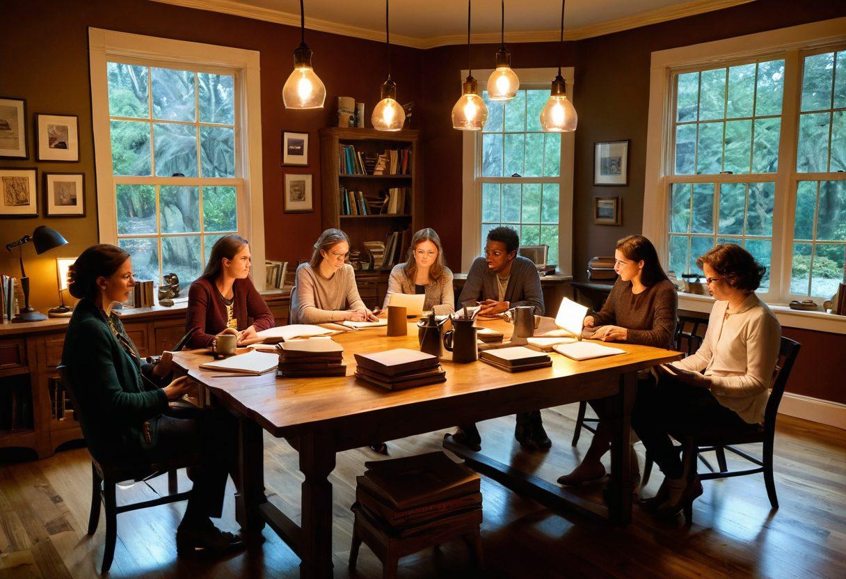 A diverse group of passionate writers gathered around a large oak table, animatedly sharing stories and ideas. One person gestures vividly, while others listen intently with notebooks and laptops. The warm glow of vintage lamps casts a cozy light on piles of books and steaming mugs of coffee. Include soft, welcoming colors to evoke a sense of community and creativity. vibrant colors. illustration. cozy atmosphere.
